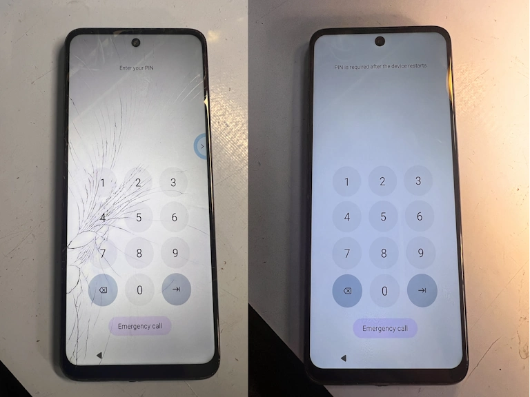 Cracked Samsung Galaxy screen on the left, repaired display on the right at Romans Repairs Wokingham