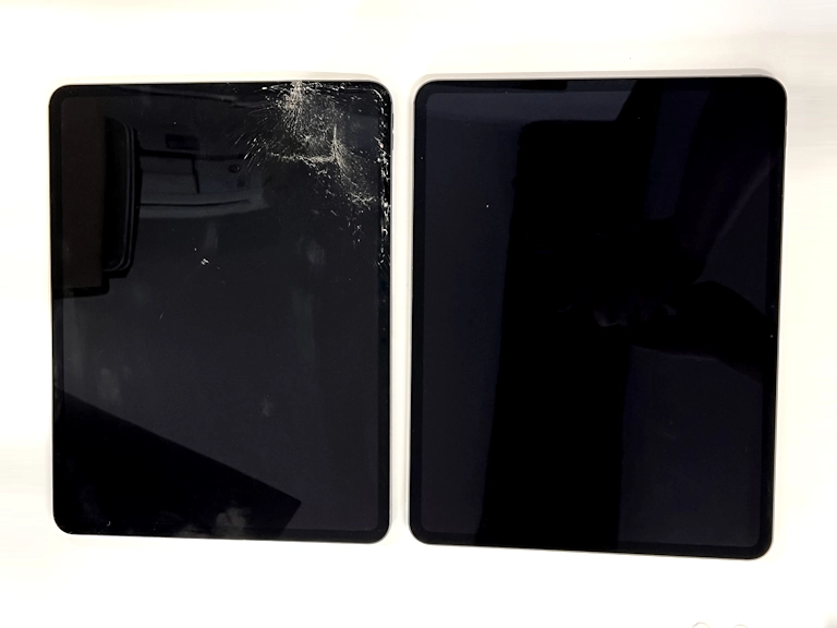 Cracked iPad screen on the left, repaired iPad on the right at Romans Repairs Wokingham